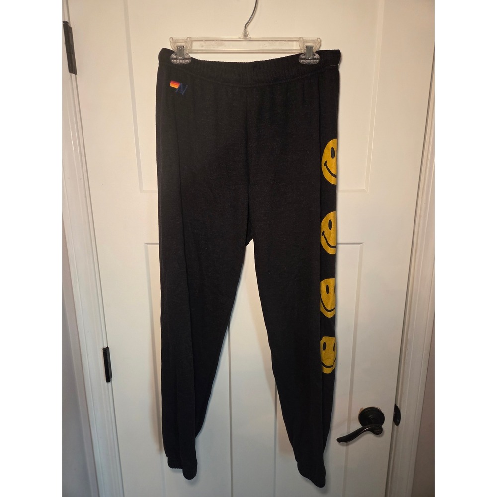 Aviator Nation Smiley Face Sweatpants Black Rainbow Logo Joggers XL